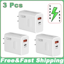 3Pcs PD 120W Fast Charger Adapter USB C Wall Power Dual Ports For iPhone Samsung