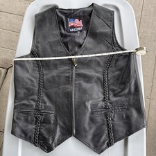 Snap Button Black Leather Braided Detailed Leather Vest Medium