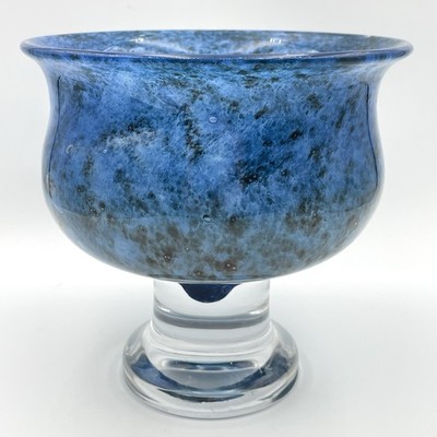Vintage Bertil Vallien Boda Åfors Sweden Blue Art Glass Footed Bowl Signed