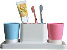 Bathroom Toothbrush Toothpaste Stand Organizer Plastic Storage Rack Set 2 Cups 