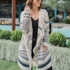 Cabi Shetland Fringe Cardigan S Small 3701 Open Front Geometric Southwest Boho