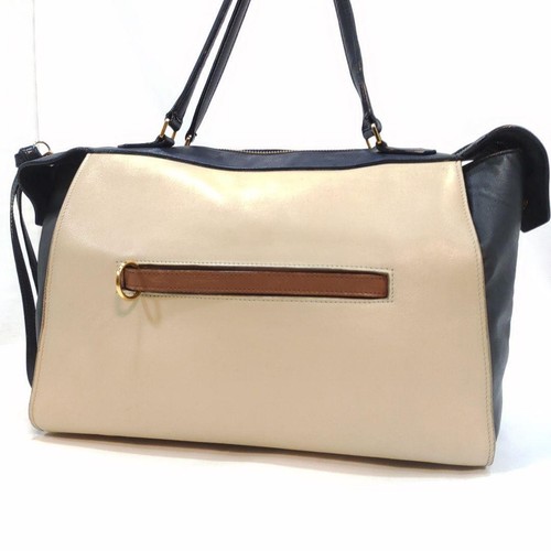 Celine Ring Bag Handbag Leather Shoulder Bag Beige x Navy Authentic