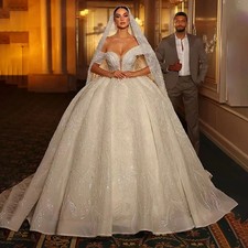 Luxury Ball Gown Wedding Dresses Off Shoulder Pearls Beading Lace Princess