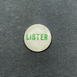 Vintage LISTER Advertising Pin Badge White Green Text Collectible Memorabilia
