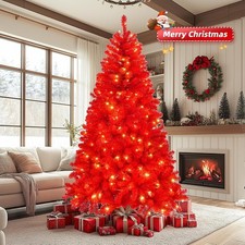 7FT Red Pre-Lit Christmas Tree 400 Warm White Lights 10 Modes 1100 PVC Branches