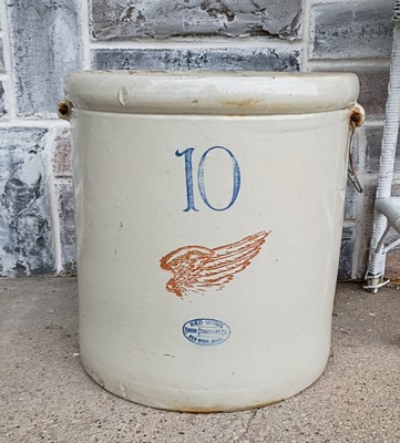 Antique Primitive 10 Gallon Red Wing Union Stoneware Crock, Bail Handles, Patent