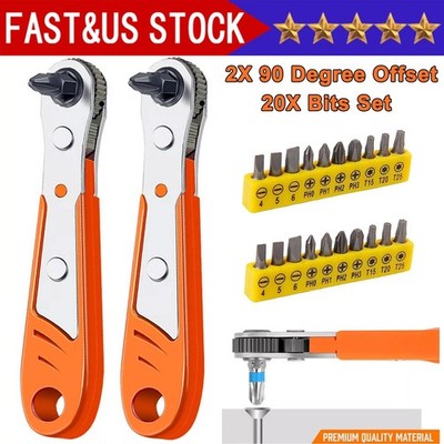 Ratcheting Right Angle Screwdriver Hex Drive 90 Degree Offset + 10PCS Bits Lot