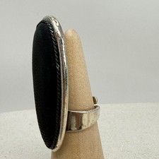 Nature Bijoux Elongated Oval Ring Black Statement Silver Tone Adjustable Band