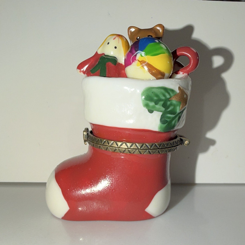 Christmas Stocking Hinged Trinket Box with Teddy Bear & Toy Figurines