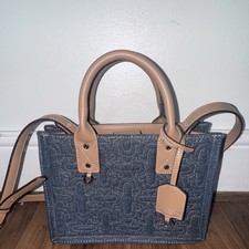 True Religion Denim Satchel Top Handle Bag Zip Detachable Strap Blue/Tan