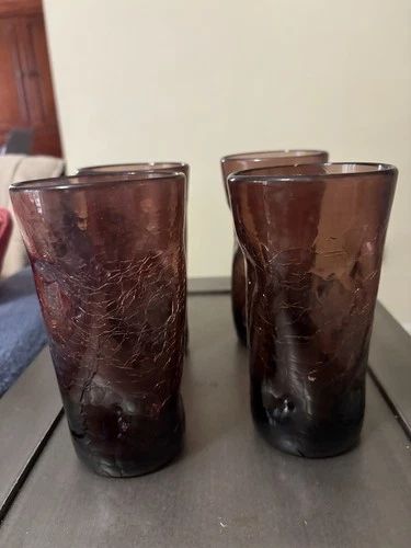 Vintage Blenko Tumbler Drinking Glass - Pinched Crackle Glass - Amethyst Purple