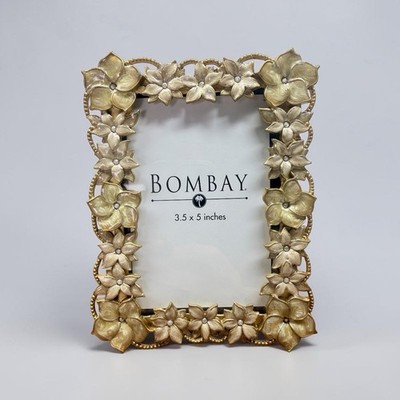 Bombay Company Jeweled Gold Metal Picture Frame Enameled Flowers 3.5x5 Photo New