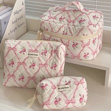 Cute Bow Flower Quilting Cotton Makeup Bag Women Zipper Cosmetic Organizer Femal