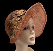 Vintage 1920s Art Deco Flapper Brimmed Straw Cloche Hat Velveteen Pansy Pansies