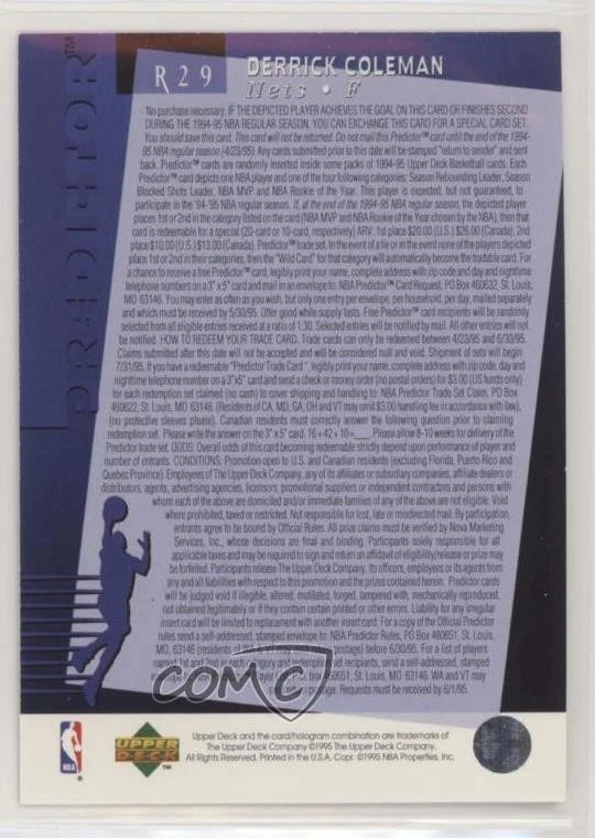 1994-95 Upper Deck Retail Predictor Redemptions Derrick Coleman #R29 - Image 2 of 2