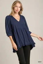 Umgee Navy Linen Blend Collared Top, Empire Waist & Short Puff Sleeves Blouse