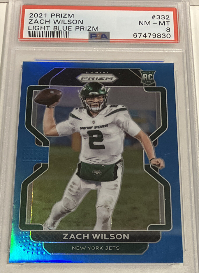 2021 Panini Prizm Zach Wilson Light Blue Prizm PSA 8 RC SSP #332 New York Jets