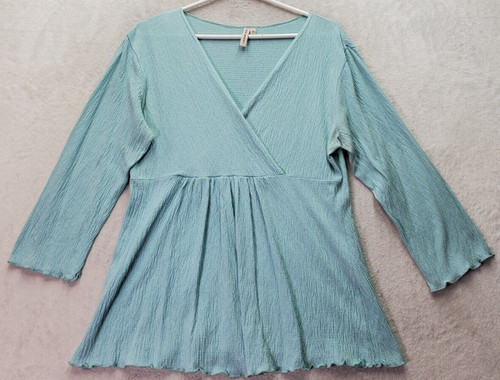 Susan Lawrence Blouse Top Womens XL Blue Long Casual Sleeve Wrap V Neck Pleated