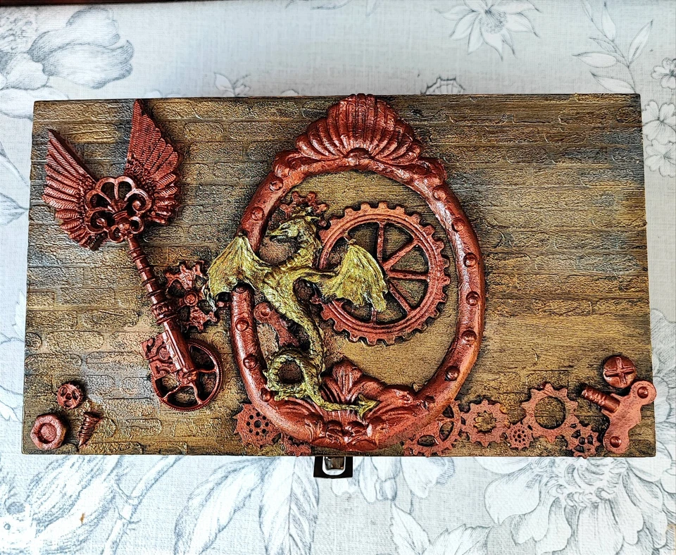 Steampunk Style Dragon Wooden Box, Angel Wings and Key Embellishments - Image 2 of 4