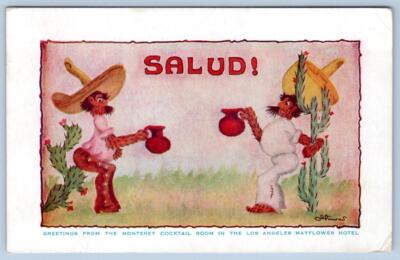 1947 LOS ANGELES CA MAYFLOWER HOTEL SALUD! PHILATELIC EXHIBITION CANEL POSTCARD