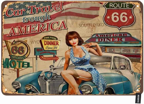 HOSNYE PinUp Girl Tin Metal Signs Vintage Poster Car Travel Through America