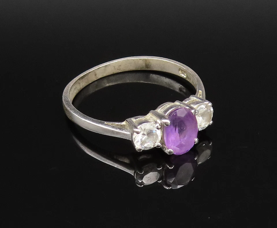 Anillo de plata 925 vintage delicado de tres piedras amatista y topacio talla 9,5 RG25711 Foto 2 de 4