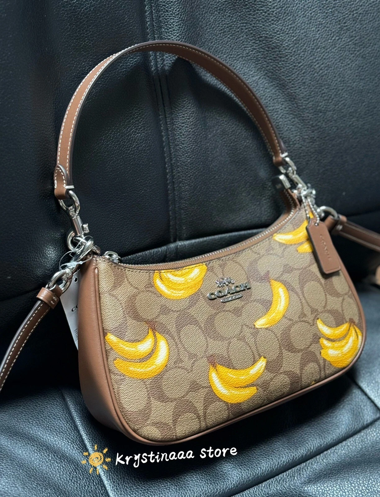 Borsa a tracolla COACH Teri firma tela pelle con stampa banana CR289 nuova con etichette