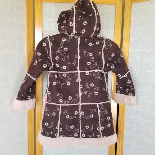 Rothschild Faux Suede and Sherpa Girls Dress Coat Brown Pink Embroidery Small 4 - Picture 7 of 10