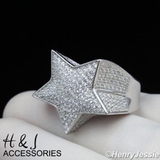 MEN SOLID 925 STERLING SILVER ICY BLING CZ 3D STAR SHAPE RING ASR107