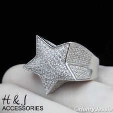 MEN SOLID 925 STERLING SILVER ICY BLING CZ 3D STAR SHAPE RING*ASR107