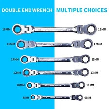 Double Box End Ratcheting Wrench Flex-Head Extra Long 6 PCS Spanner Set Metric
