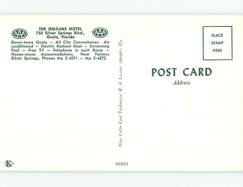 Unused Pre1980 OLD CARS & ORLEANS MOTEL & POOL Ocala Florida FL 60k