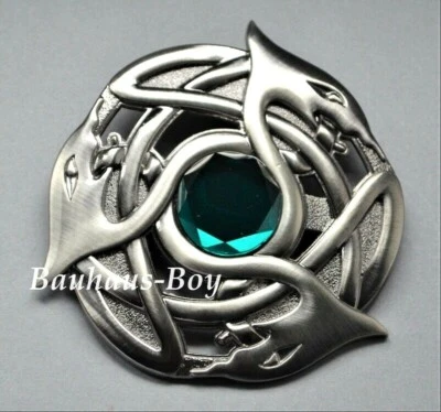 WOODS KILT PLAID BROOCH SERPENT CELTIC HIGHLAND ANTIQUE FINISH GREEN GLASS STONE KILTS