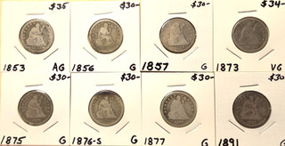 Lot of (8) 90% Silver Seated Liberty Quarters.