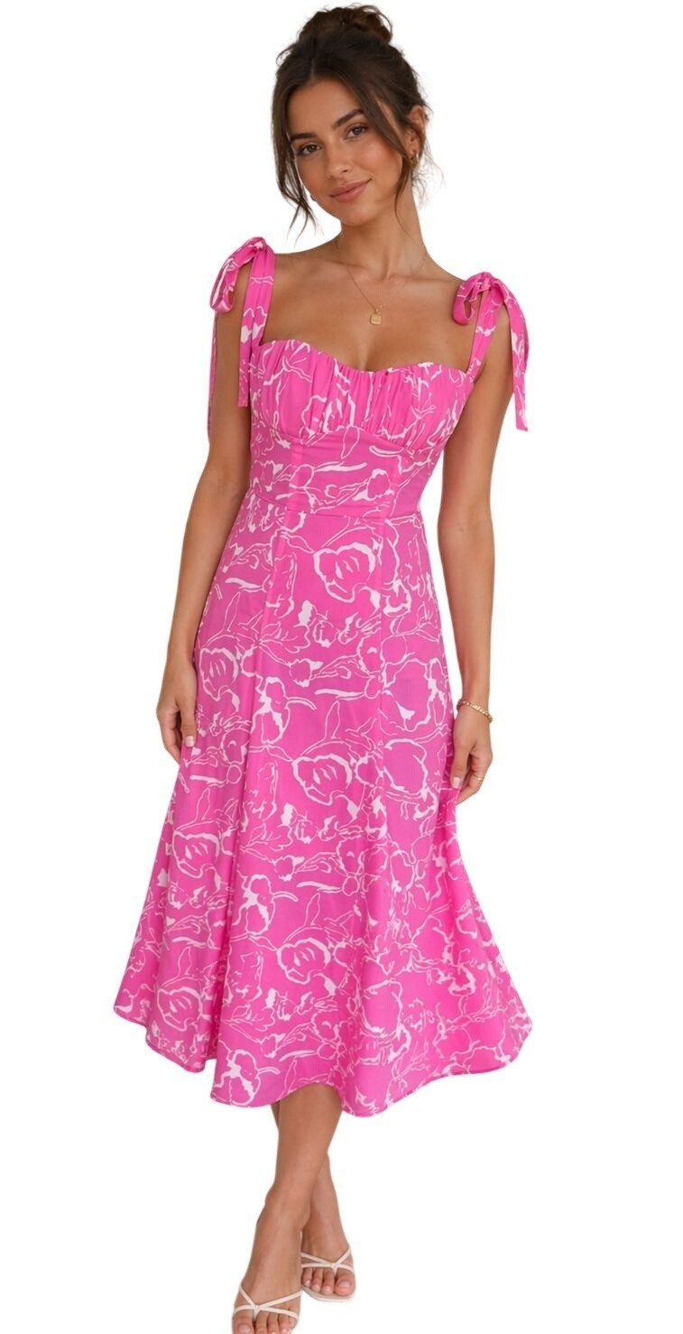 Hello Molly Women's XS Pink Floral Smocked Midi Dress Tie Strap Wedding Guest