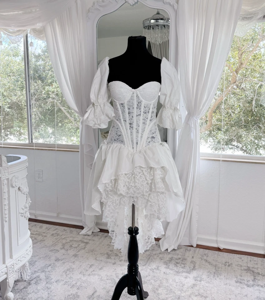 Mini vestido de boda victoriano vintage bohemio corsé de encaje Foto 3 de 4