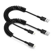 Coiled Lightening Cable for Car,2 Pack 3FT USB A to Lighteting 3 feet, Black
