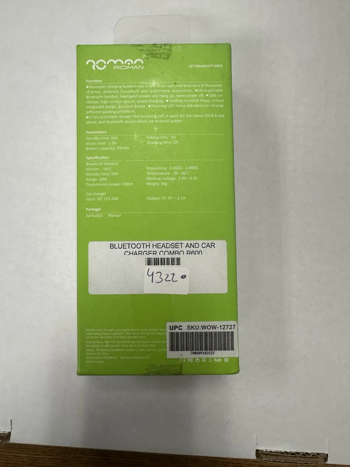 NEW Roman R6000 4.0 Hands Free Bluetooth Earbud W/USB Car Charger BLUE - Image 4 of 4