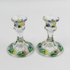 Pair of 4" Hexagon Stem Hand Painted Glass Taper Candle Holders Floral Pattern