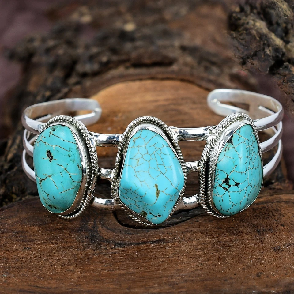 Adjustable Bangle Tibetan Turquoise Gemstone Handmade Sterling Silver Cuff - Image 3 of 4