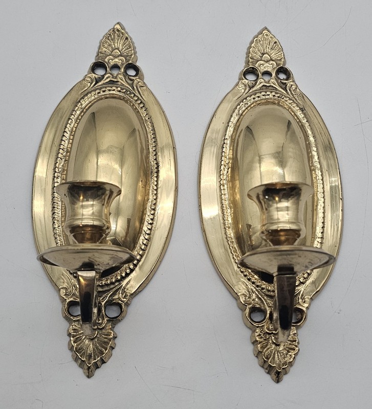 Vintage Solid Brass Pair Wall Candle Sconces Gold Ornate Victorian Decor MCM