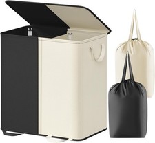 Divided dirty clothes basket with handles for bedroom, 136 l white and black