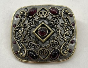 Authentic VINTAGE ESTATE SIGNED MICHAL GOLAN GARNET GOLD-PLATED BROOCH/PENDANT