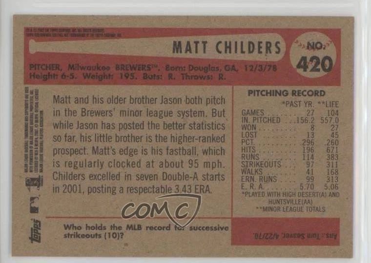 2002 Bowman Heritage Matt Childers #420 Rookie RC - Image 2 of 2