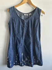 Vintage Y2K Denim Cotton Embroidered Jumper Dress M Blue Floral Boho Soft