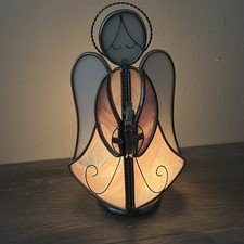 White Angel Tealight Holder Silver Metal Frame With Stained Glass 7.5" Height