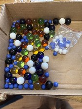 Vintage Glass Marbles Lot   Mixed Colors  Styles in Antique Blue Mason Jar