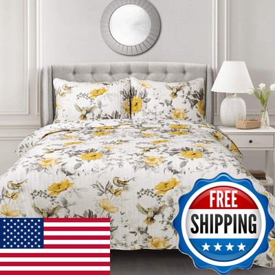 Lush Decor Penrose Floral 3 Piece Quilt Set King Yellow Gray