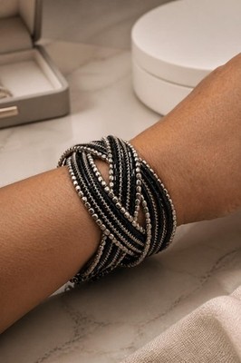 Handmade Black Silver Beaded Memory Wire Wrap Bracelet