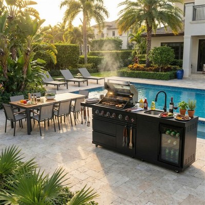 Outdoor Kitchen Island  with Refrigerator and Sink Stainless Steel Barbecue Bar